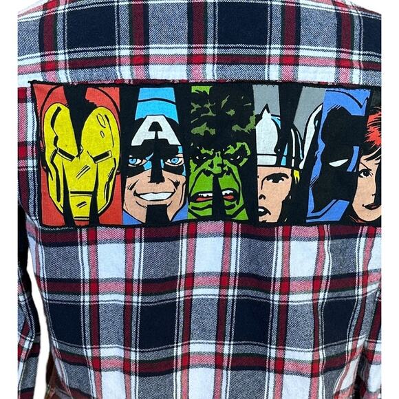 Avengers Plaid Flannel Shirt SMALL Oversize Shacket Upcycle Unique Marvel Blue - Picture 2 of 5